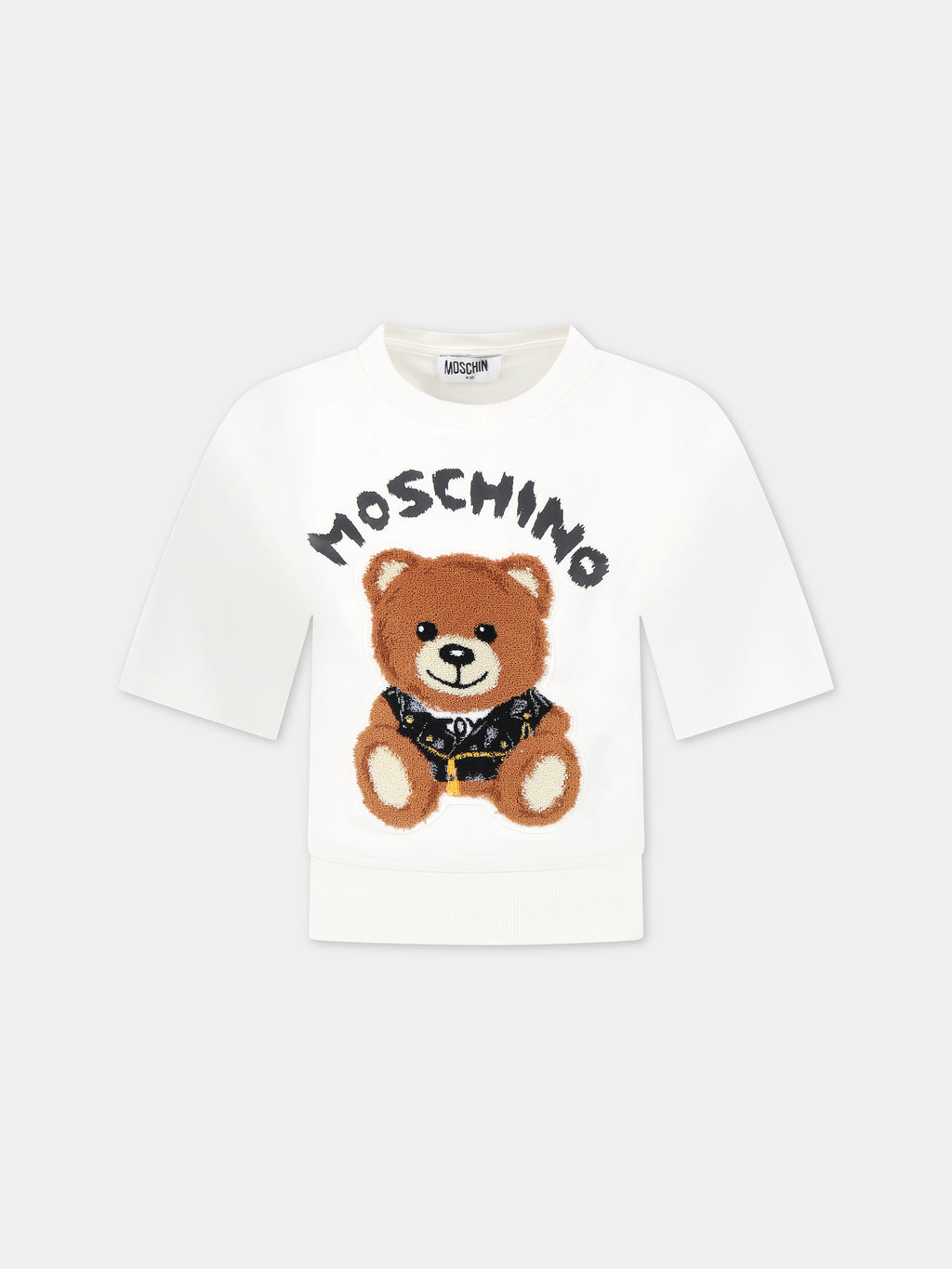 White sweatshirt for kids with Teddy bear and logo